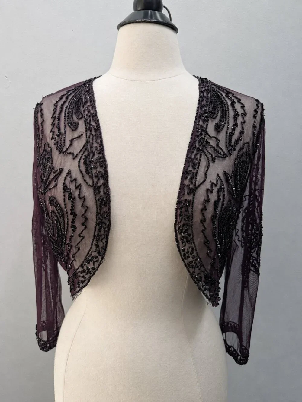 12P Plum Beaded Sequin Maxi Dress & Bolero Jacket Formal Flapper 20s Art Deco